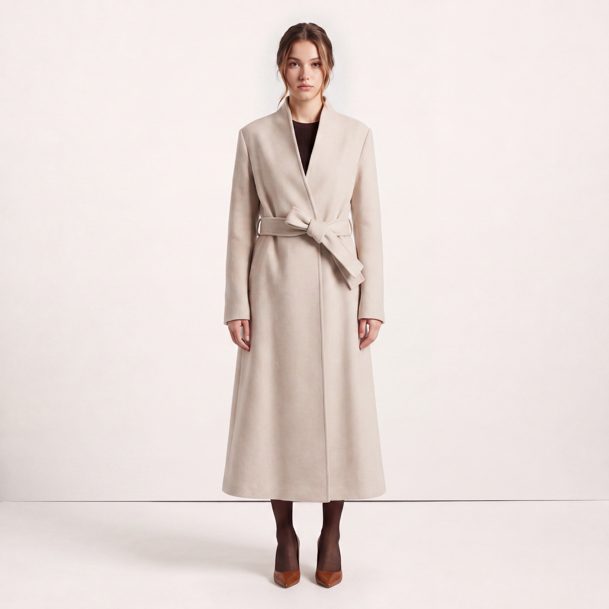 Victoria High-Neck Tailored Wool Coat with Flared Skirt - Oatmeal