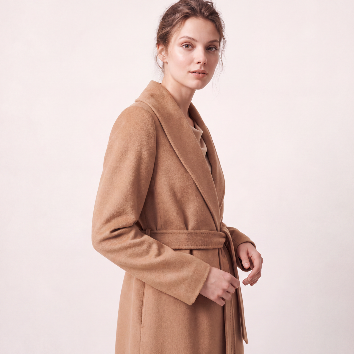 Pure Cashmere Longline Wrap Coat with Shawl Collar - Camel
