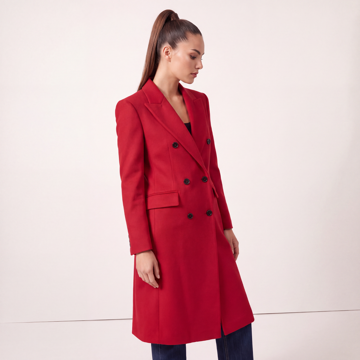 Red Double-Breasted Wool Blend Statement Coat with Power Shoulders