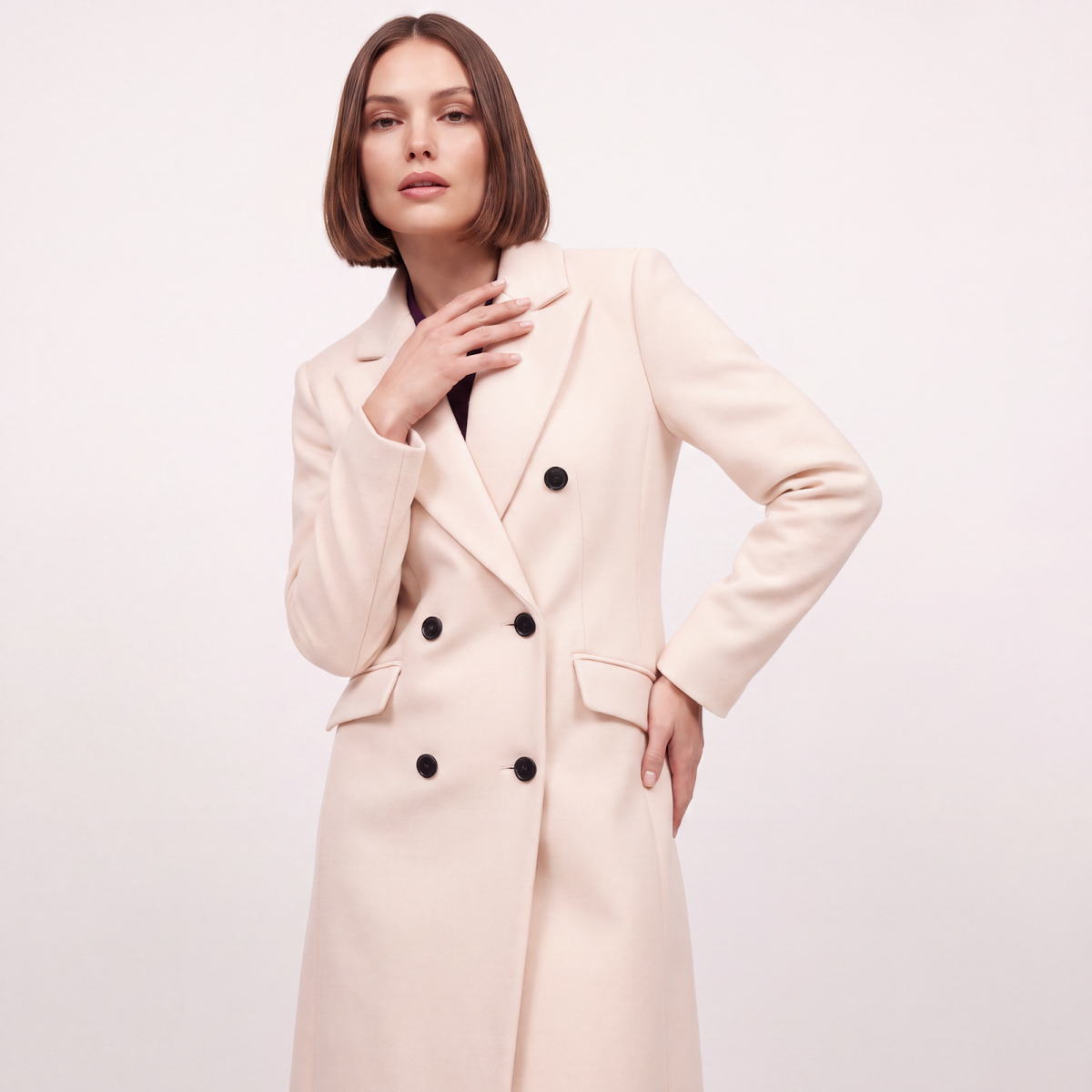Classic Pale Cream Wool Blend Double-Breasted Midi Coat