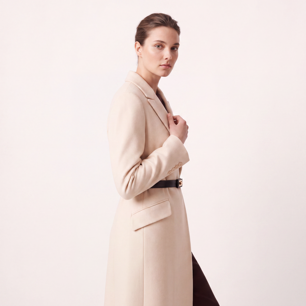 Cream Wool Blend Tailored Coat with Statement Belt
