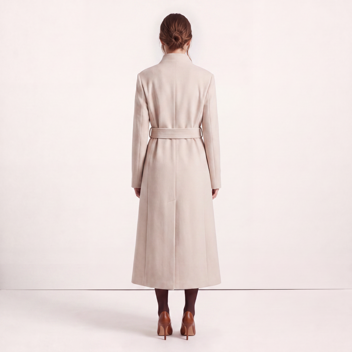 Victoria High-Neck Tailored Wool Coat with Flared Skirt - Oatmeal