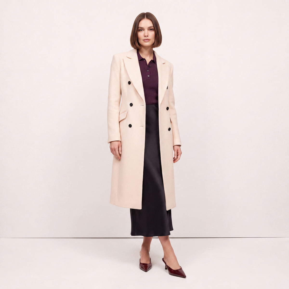 Classic Pale Cream Wool Blend Double-Breasted Midi Coat