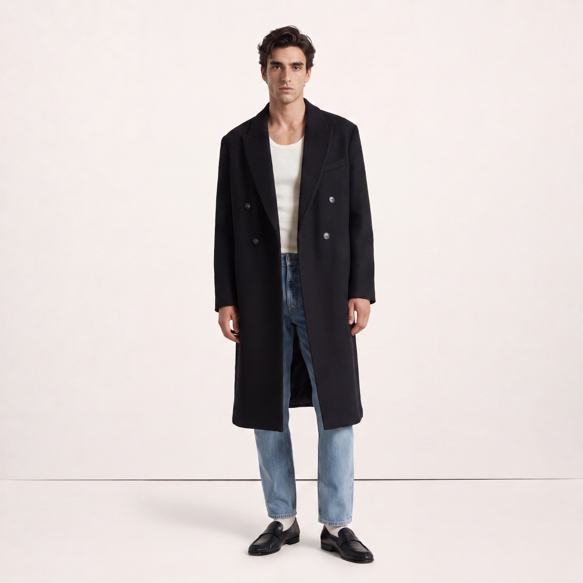 Visconti 100% Pure Italian Cashmere Double-Breasted Overcoat - Black