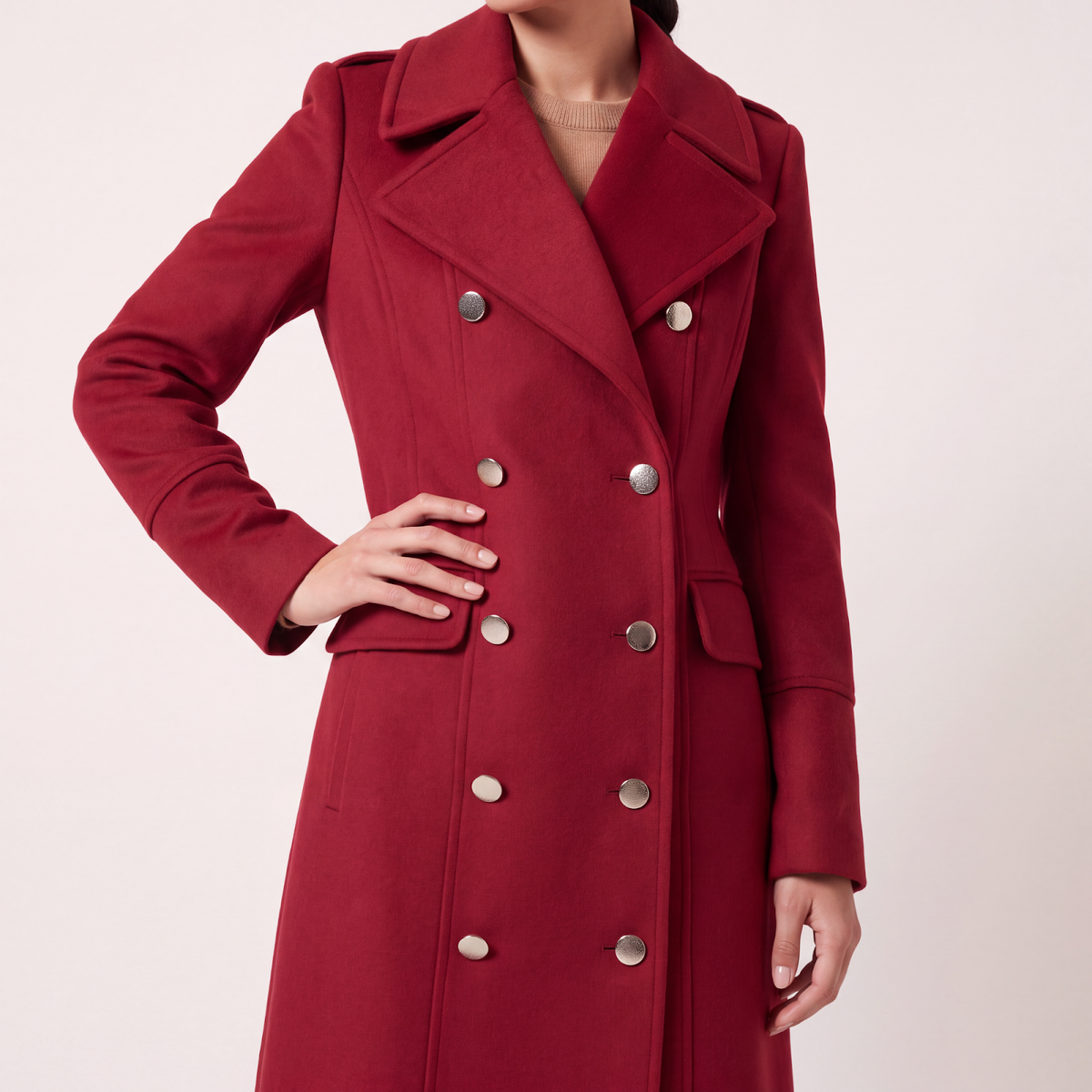 Red Double-Breasted Wool-Blend Statement Coat with Shoulder Detail