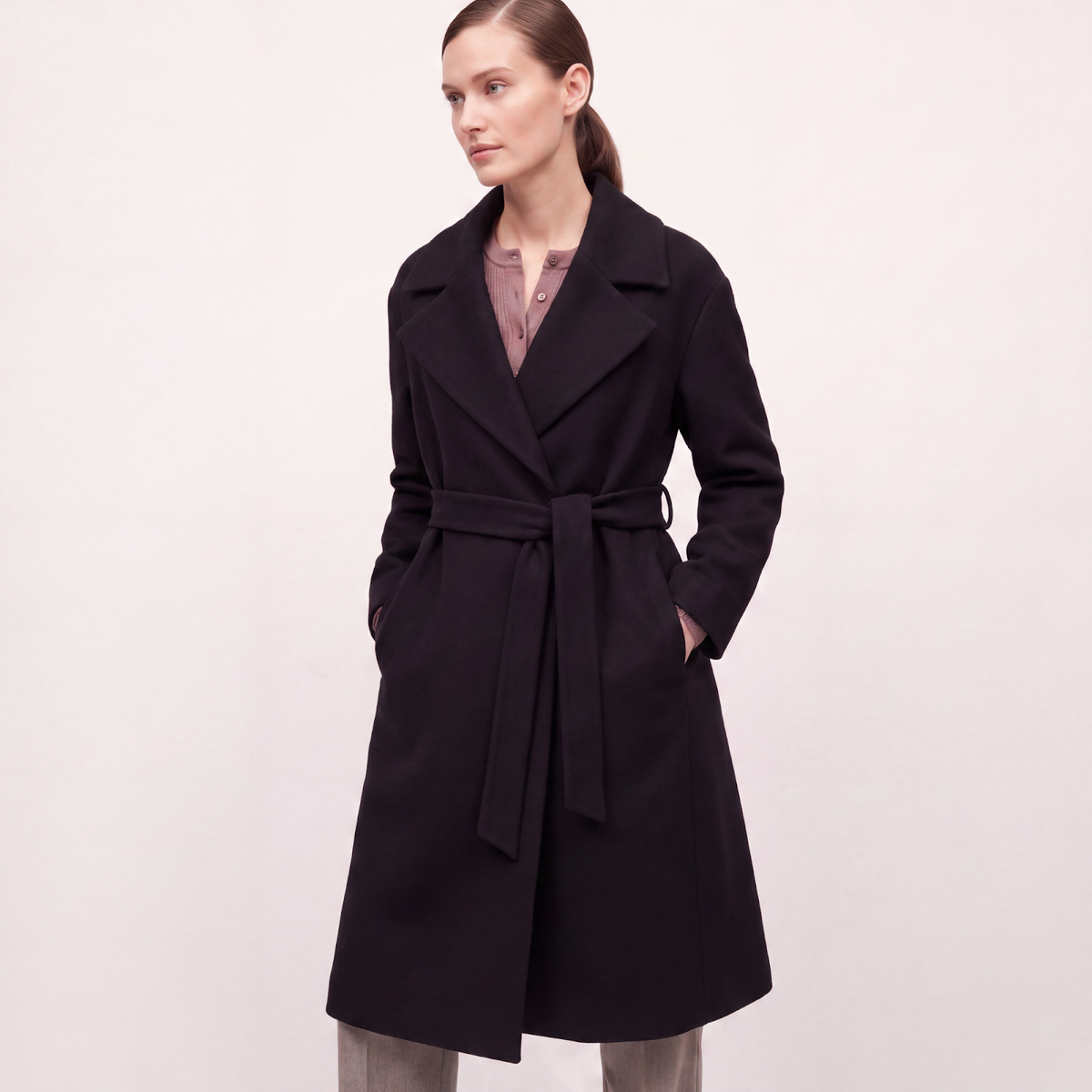 Regent Wool-Blend Wrap Coat with Belt - Black