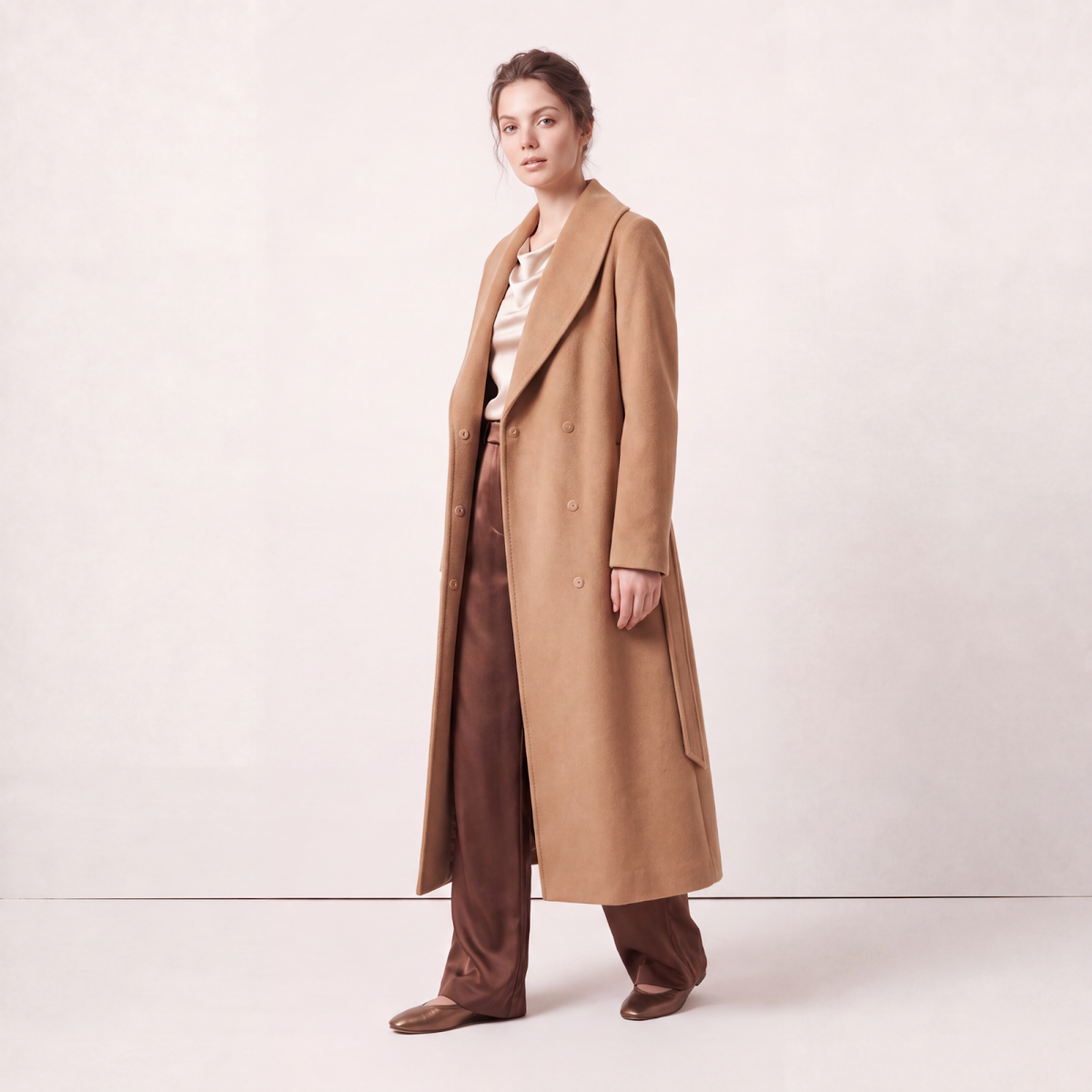 Pure Cashmere Longline Wrap Coat with Shawl Collar - Camel