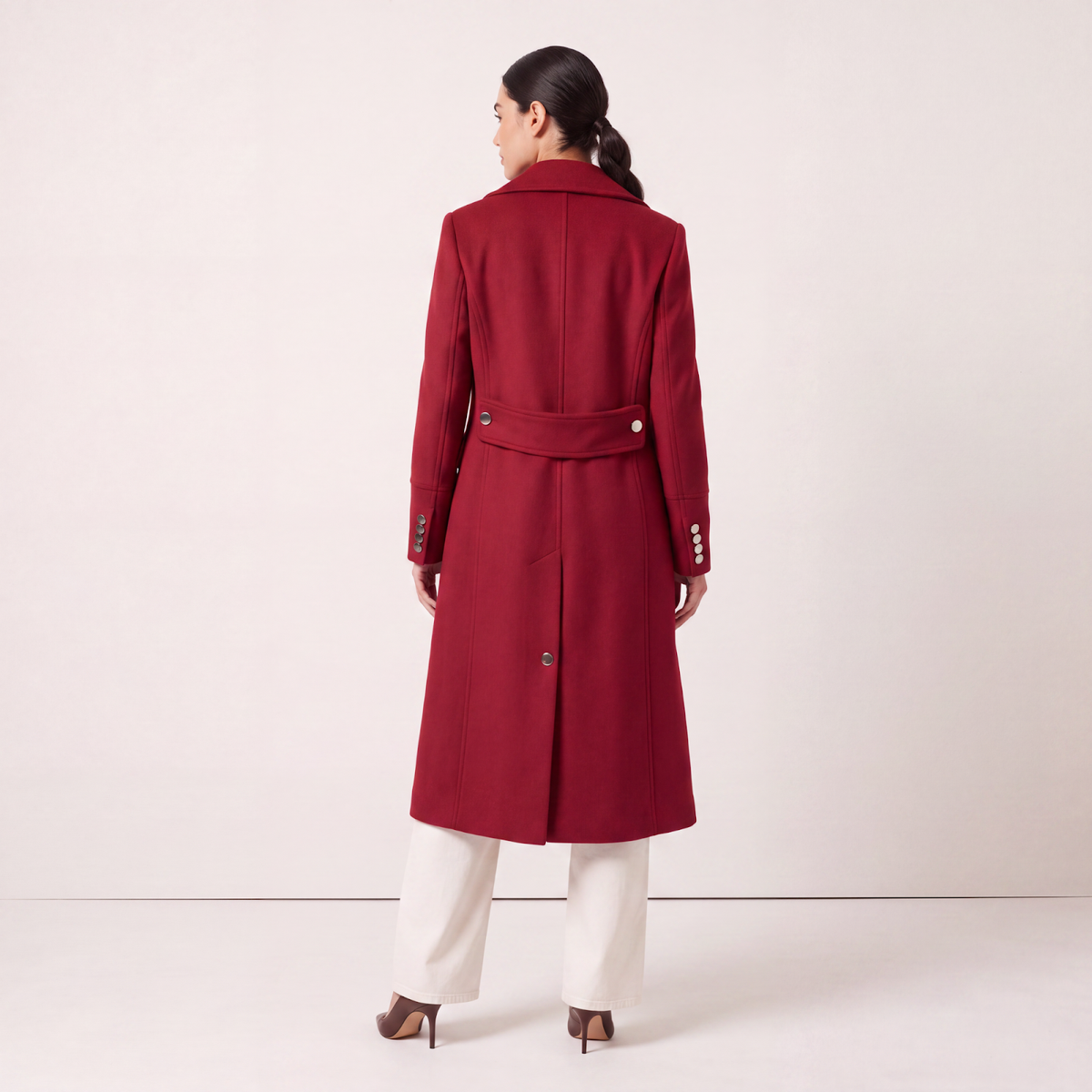 Red Double-Breasted Wool-Blend Statement Coat with Shoulder Detail