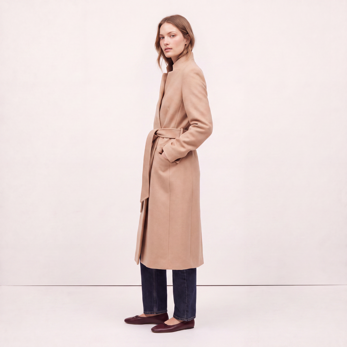 Classic Camel Belted Wool Wrap Coat
