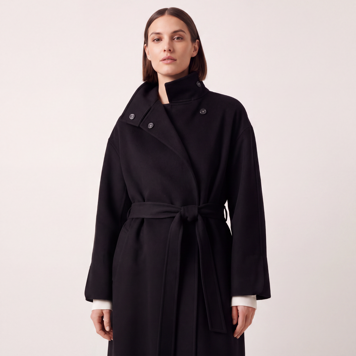 Cricket Pure Cashmere Belted Coat with Funnel Collar - Black
