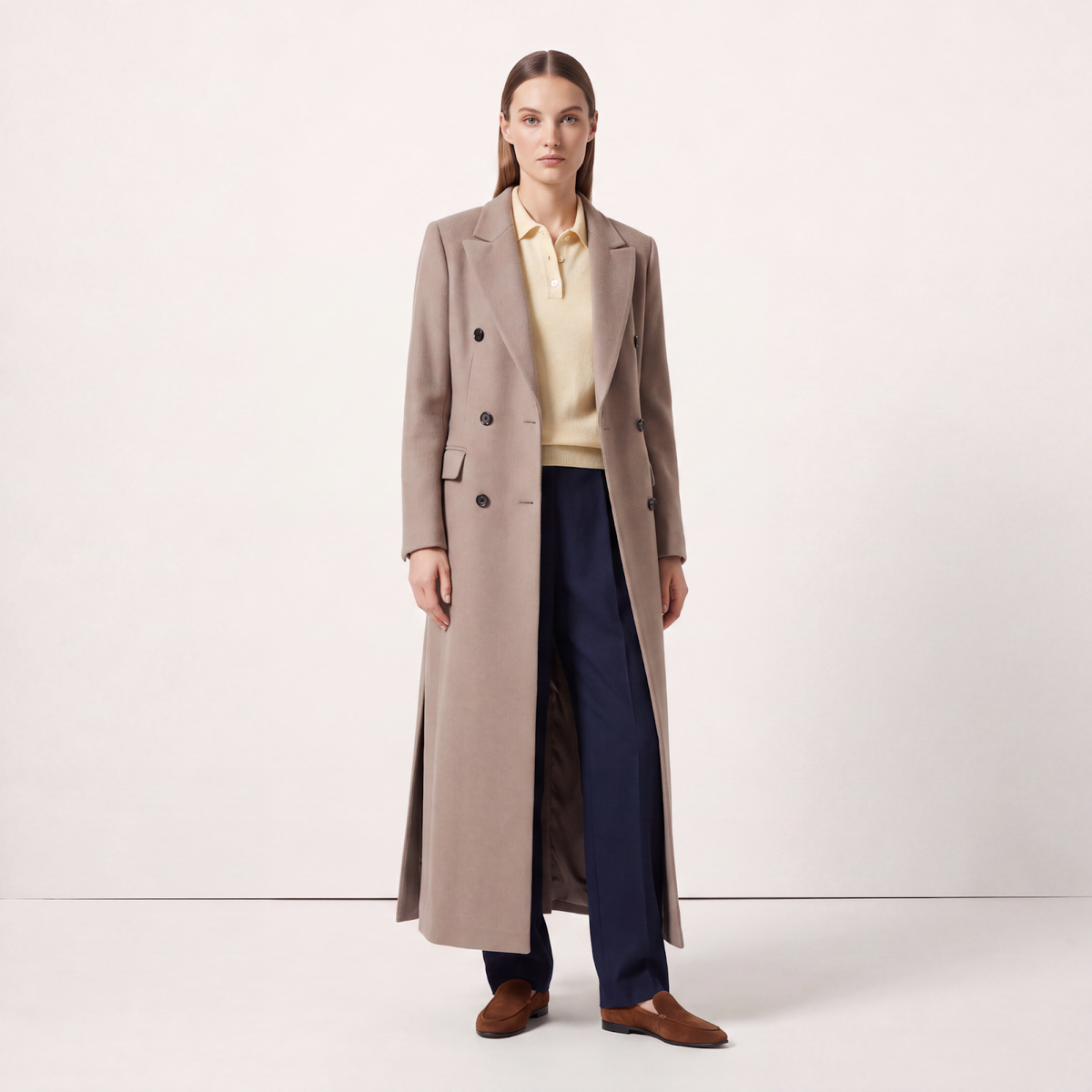 Taupe/Camel Double-Breasted Maxi Wool Blend Coat