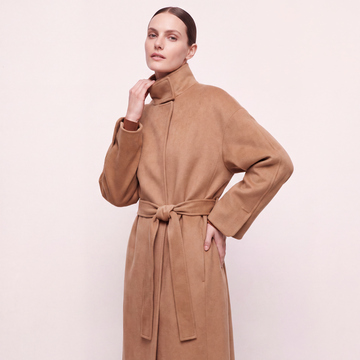 Cricket Cashmere Wrap Coat with Stand Collar - Camel