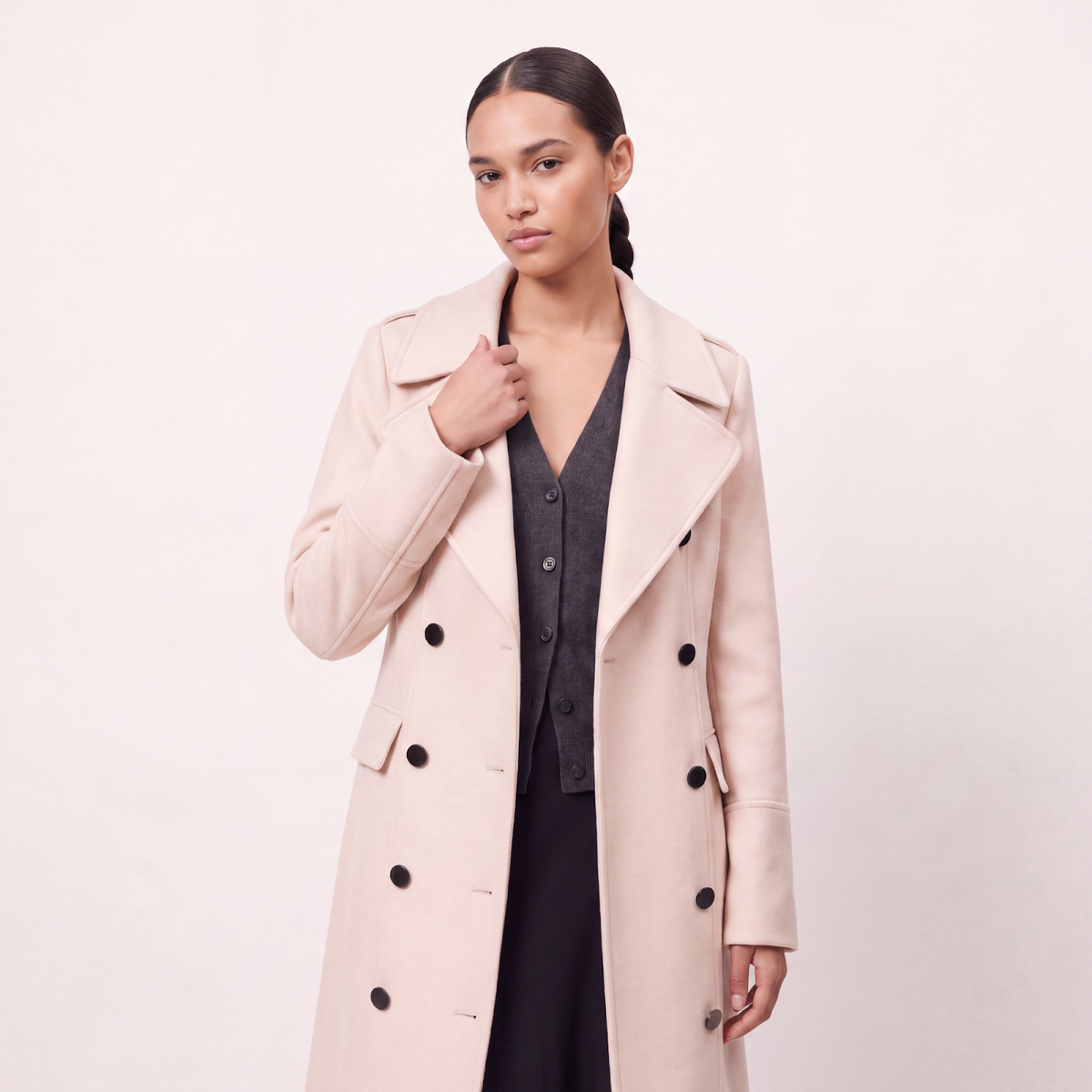 Cream Double-Breasted Longline Wool Coat