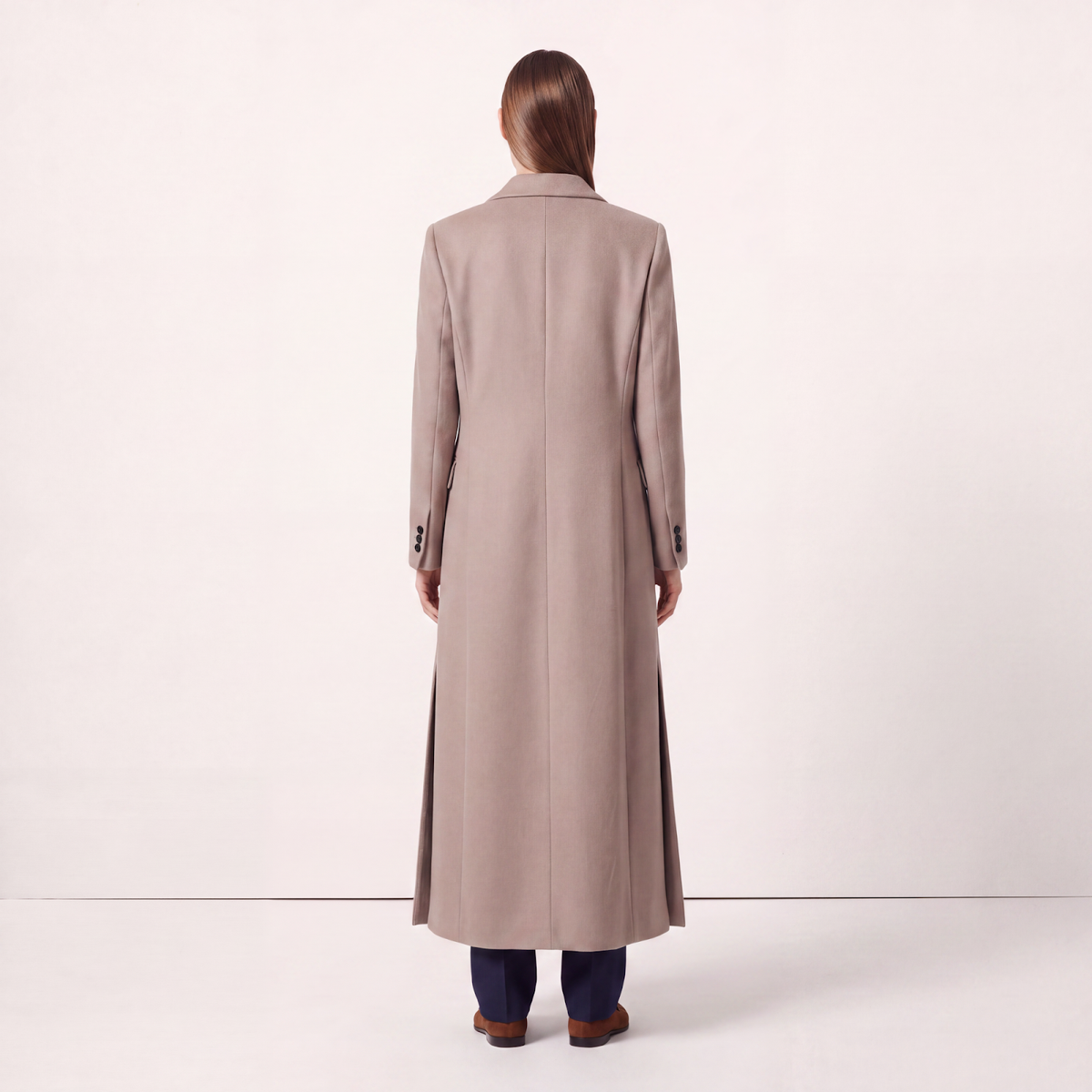 Taupe/Camel Double-Breasted Maxi Wool Blend Coat