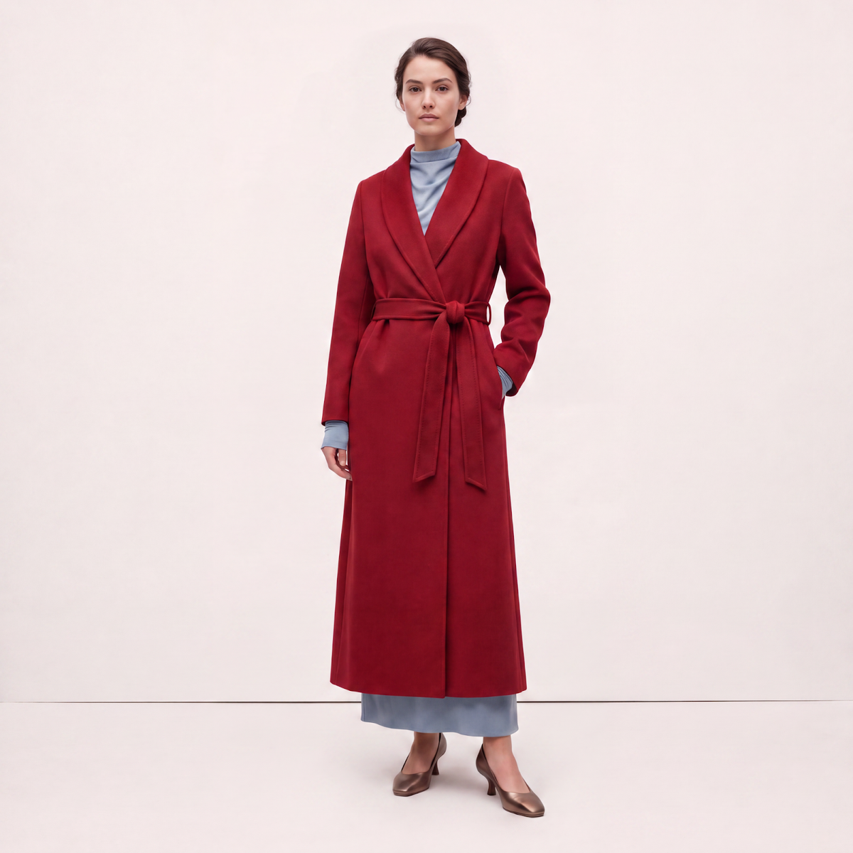 Crown Pure Cashmere Wrap Coat - Luxury Red