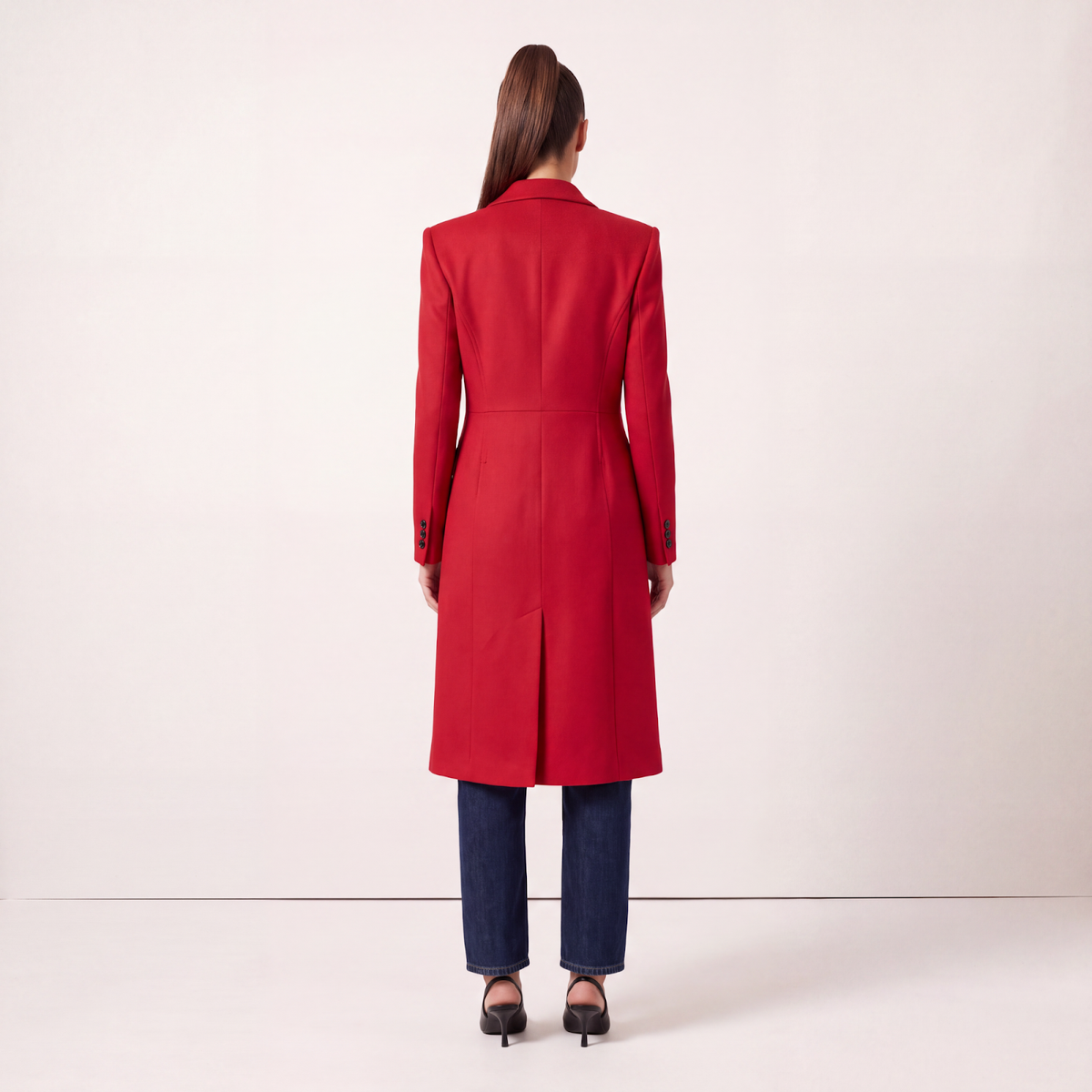 Red Double-Breasted Wool Blend Statement Coat with Power Shoulders