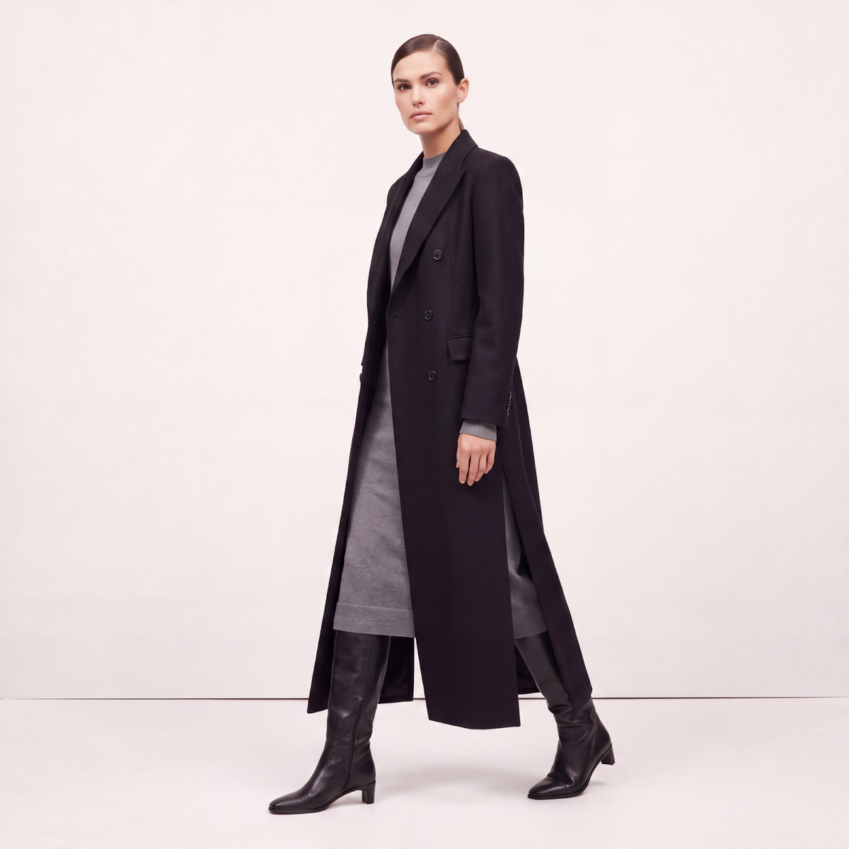 Women's Double-Breasted Wool-Rich Maxi Coat with High Side Slits