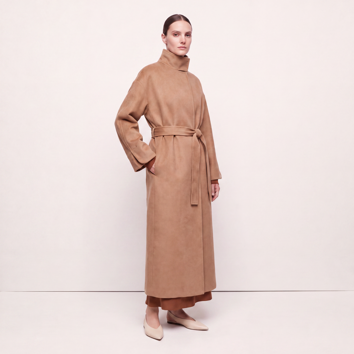 Cricket Cashmere Wrap Coat with Stand Collar - Camel