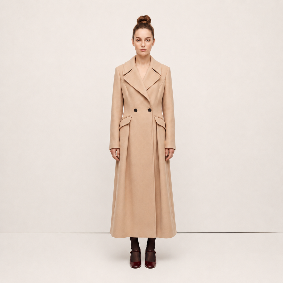 Pleated A-Line Maxi Coat in Luxury Wool Blend