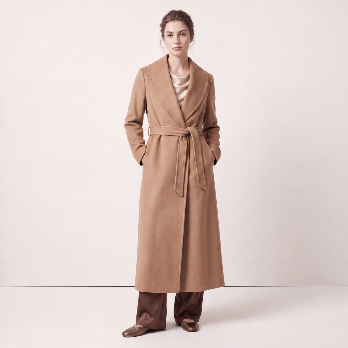 Pure Cashmere Longline Wrap Coat with Shawl Collar - Camel