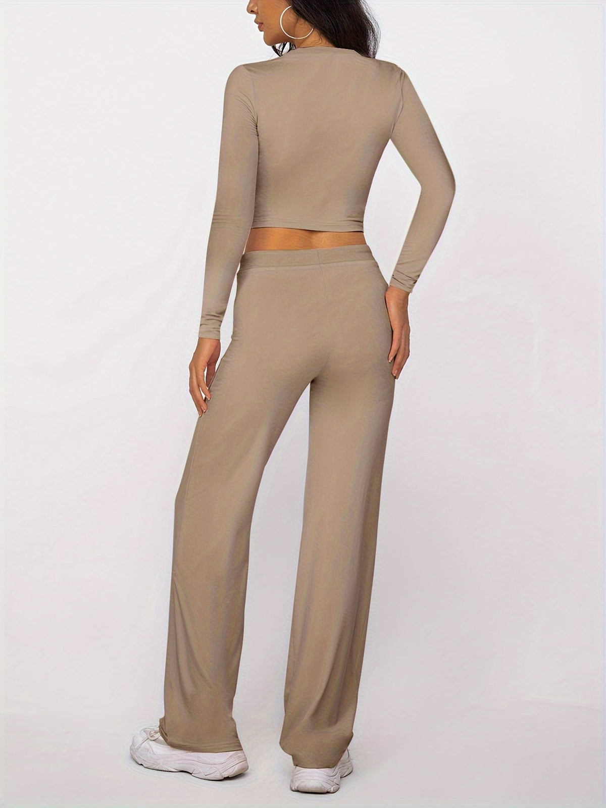 Optew Women's Loungewear Set – Ribbed Long-Sleeve Drawstring Two Piece