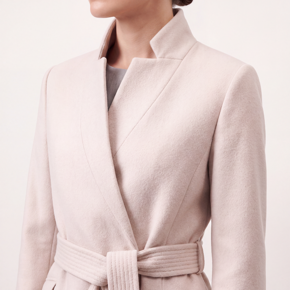 Wool-Blend High-Collar Midi Wrap Coat with Belt