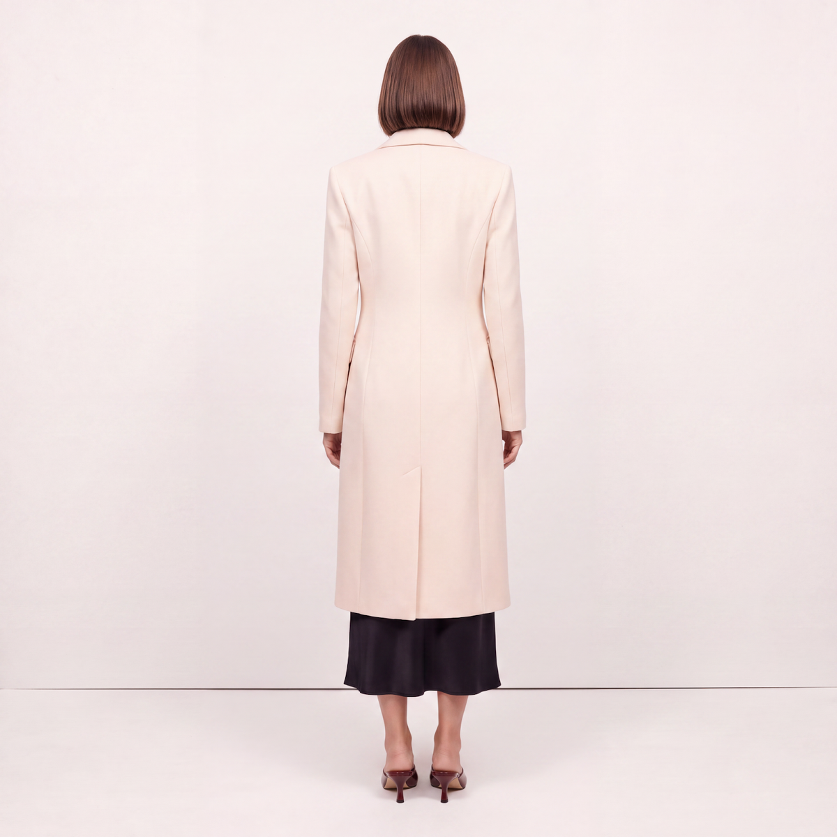 Classic Pale Cream Wool Blend Double-Breasted Midi Coat