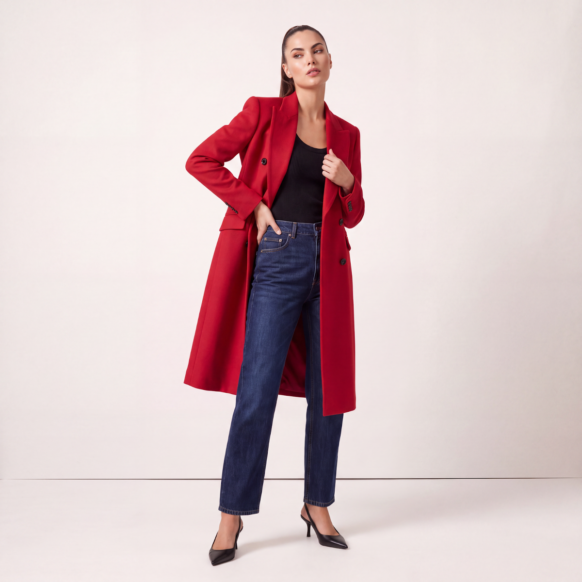 Red Double-Breasted Wool Blend Statement Coat with Power Shoulders
