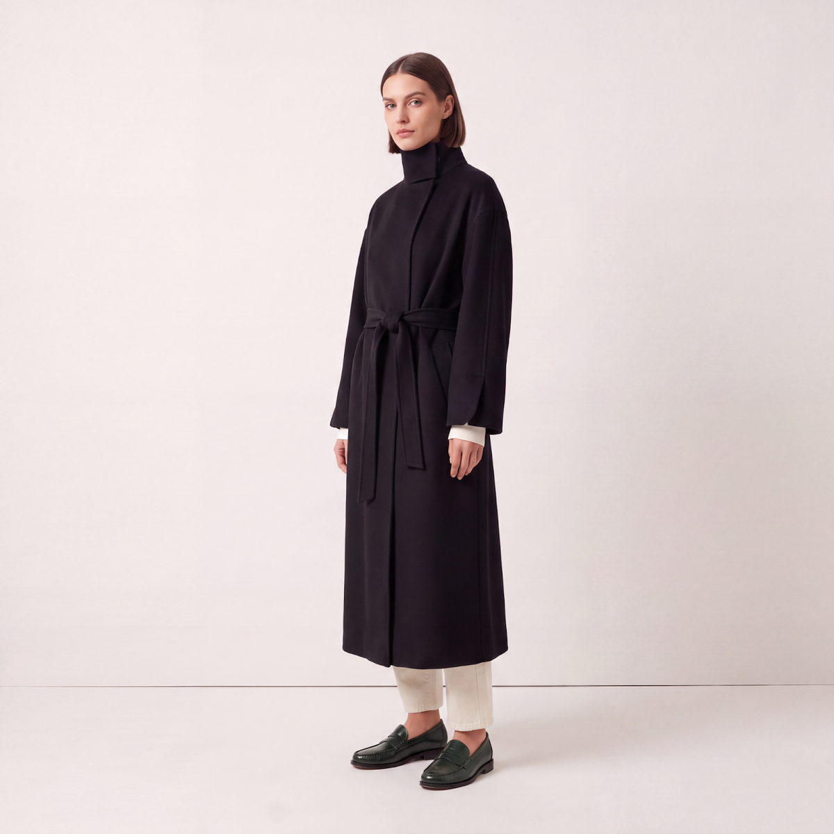 Cricket Pure Cashmere Belted Coat with Funnel Collar - Black