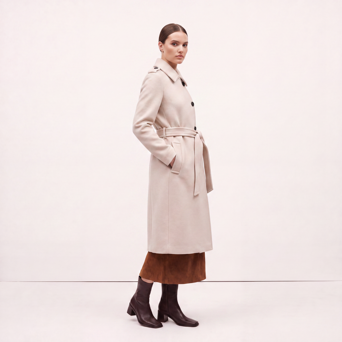 Vellum Wool-Rich Belted Midi Coat - Cream / Ecru