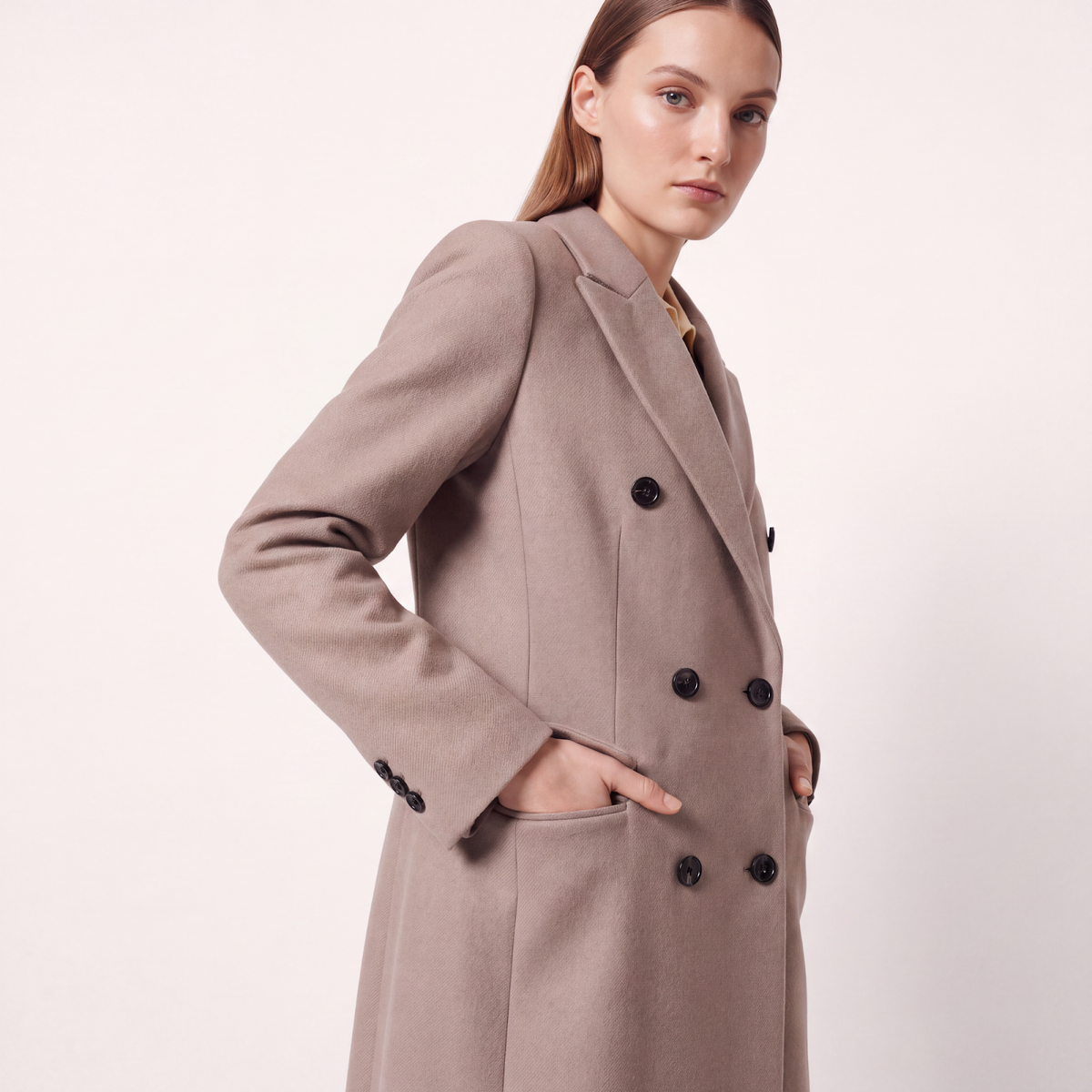 Taupe/Camel Double-Breasted Maxi Wool Blend Coat