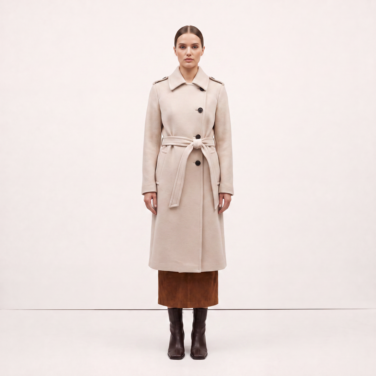 Vellum Wool-Rich Belted Midi Coat - Cream / Ecru