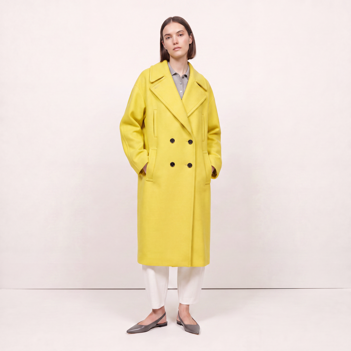 Lemon Yellow Double-Breasted Wool Blend Statement Coat