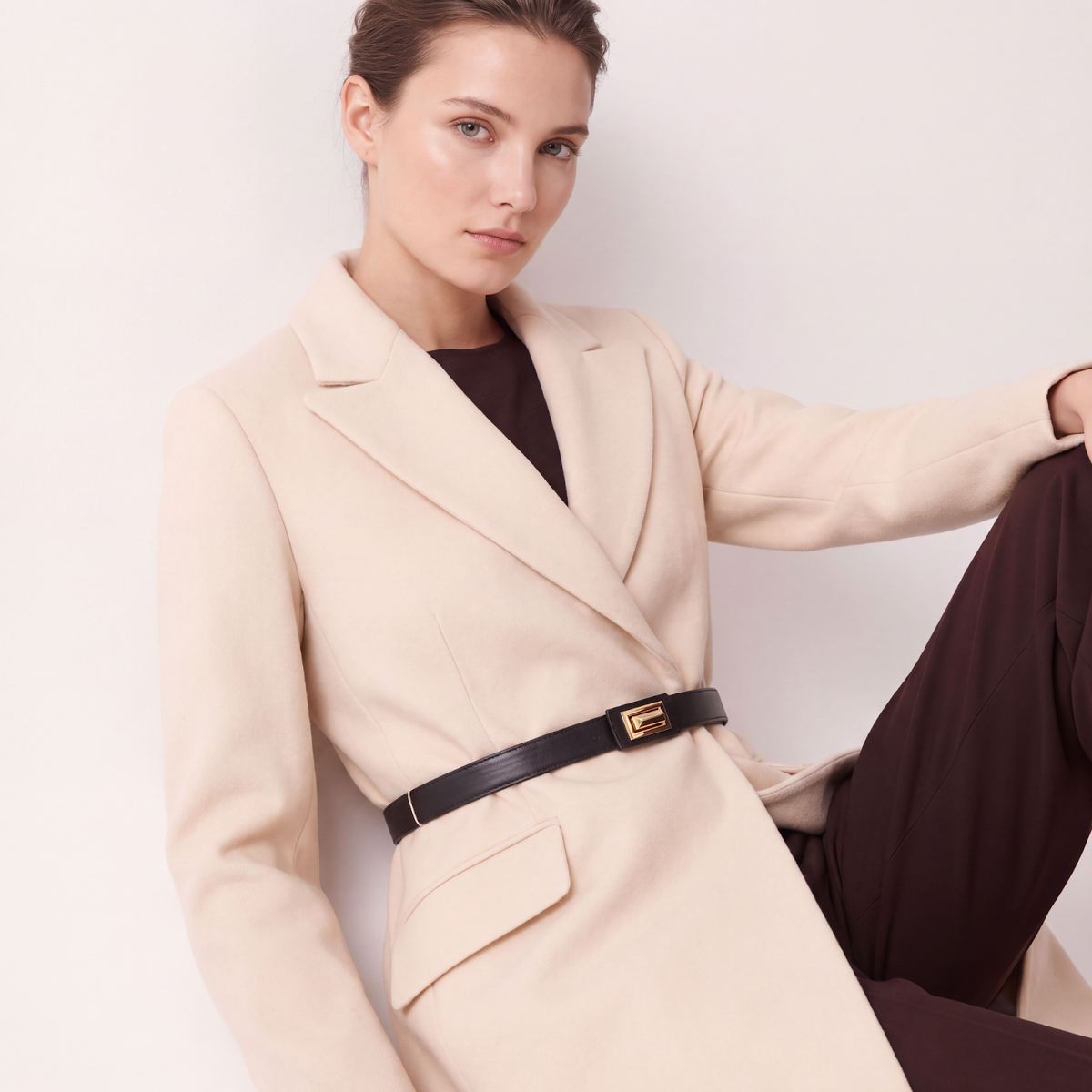 Cream Wool Blend Tailored Coat with Statement Belt
