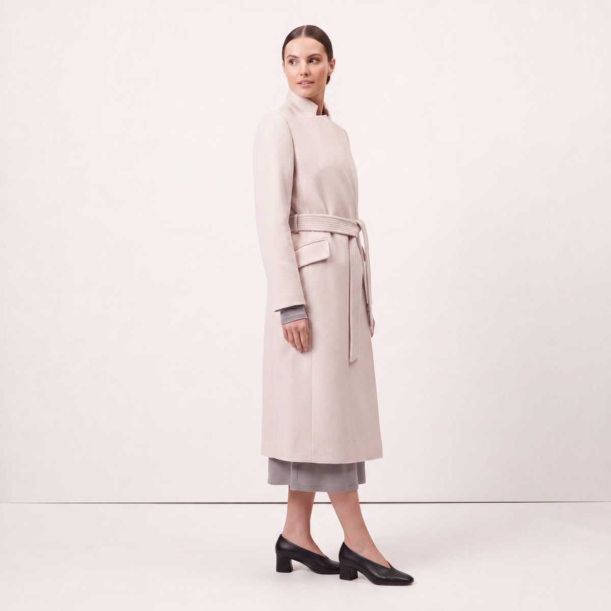Wool-Blend High-Collar Midi Wrap Coat with Belt