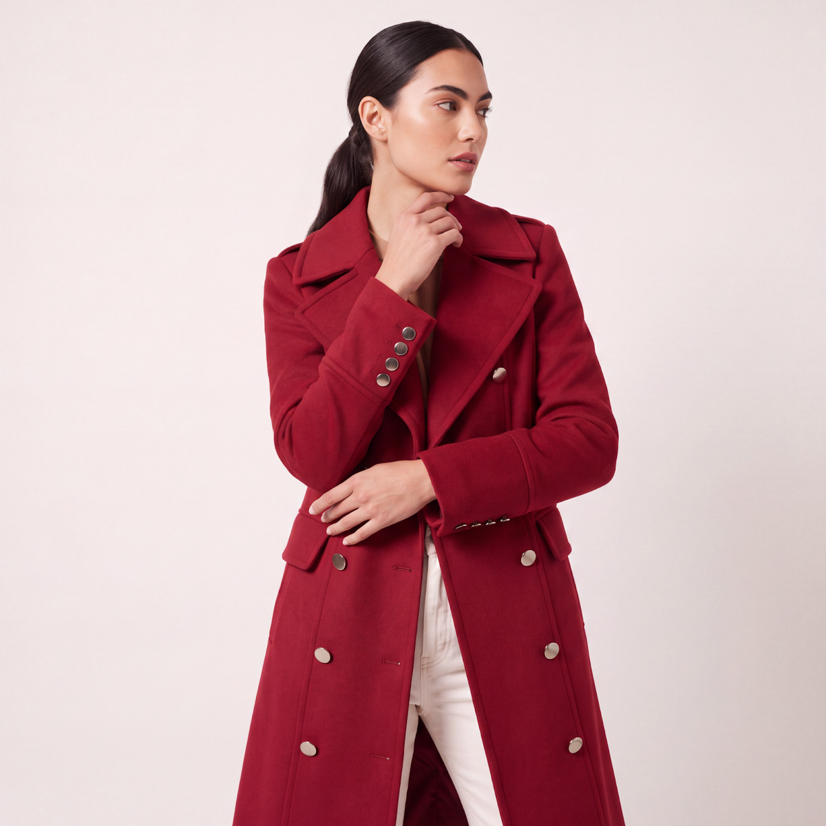 Red Double-Breasted Wool-Blend Statement Coat with Shoulder Detail