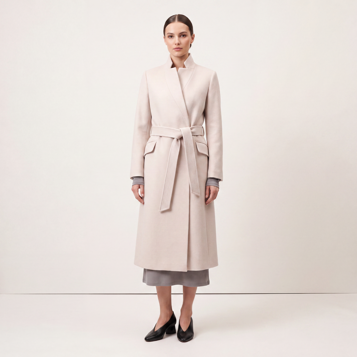 Wool-Blend High-Collar Midi Wrap Coat with Belt