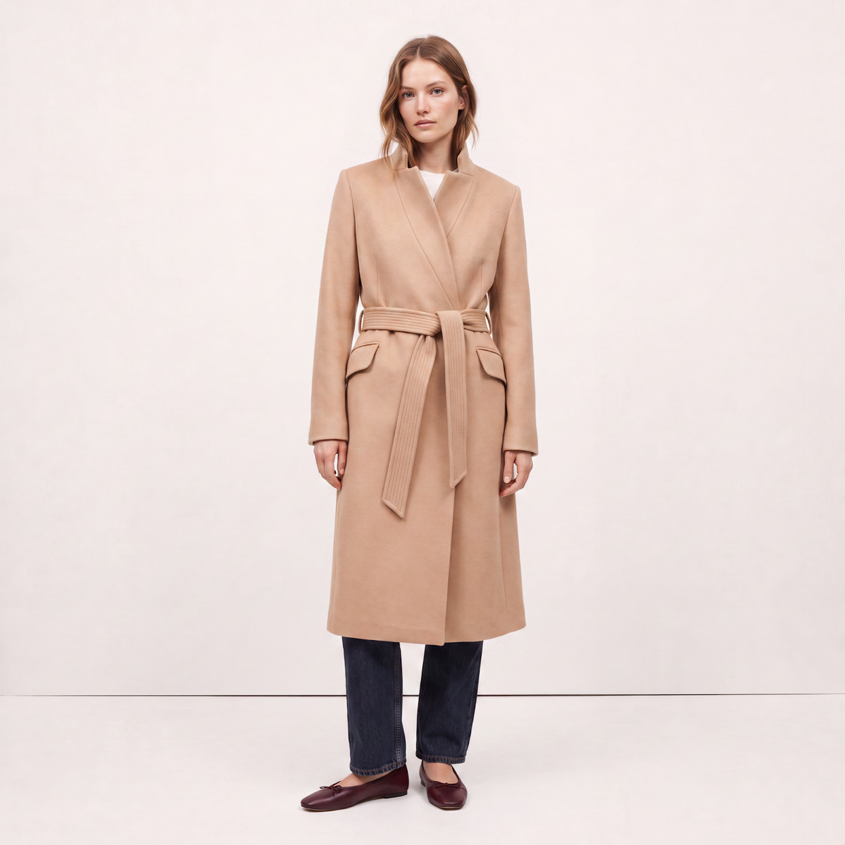 Classic Camel Belted Wool Wrap Coat