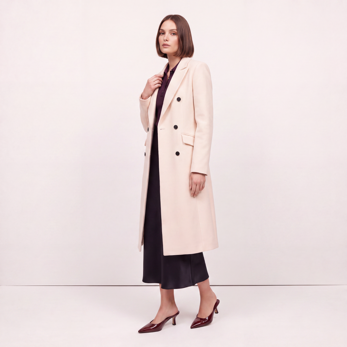 Classic Pale Cream Wool Blend Double-Breasted Midi Coat
