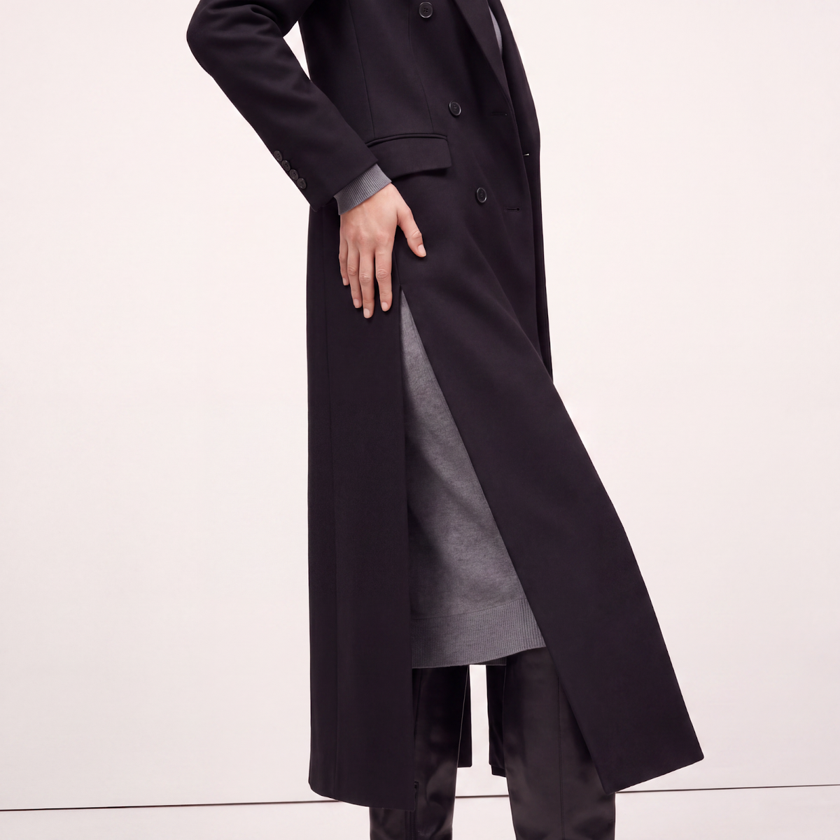 Women's Double-Breasted Wool-Rich Maxi Coat with High Side Slits
