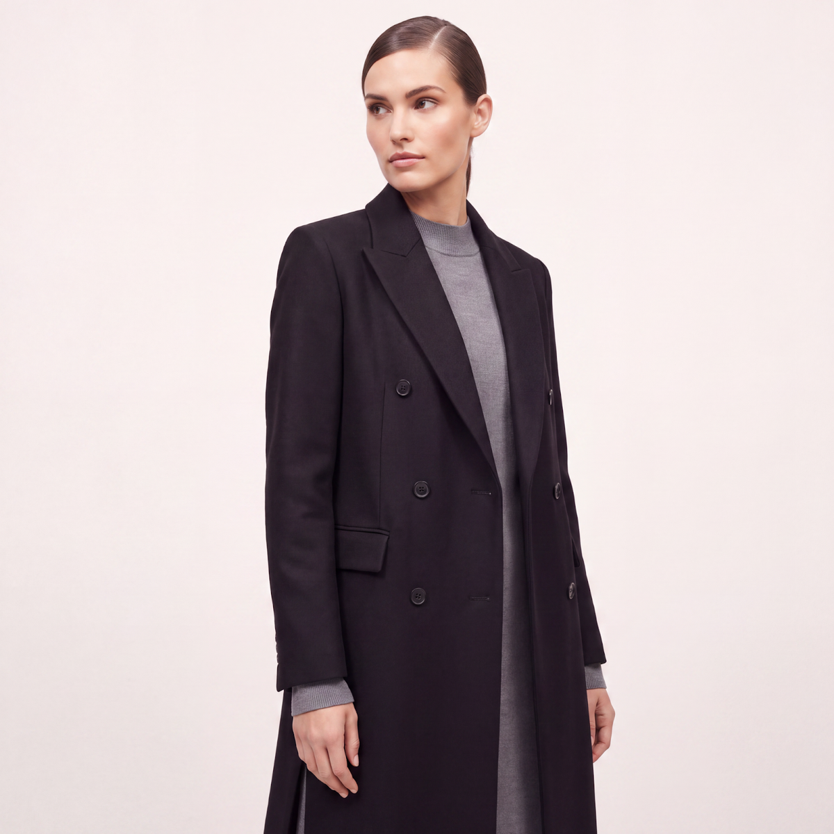 Women's Double-Breasted Wool-Rich Maxi Coat with High Side Slits