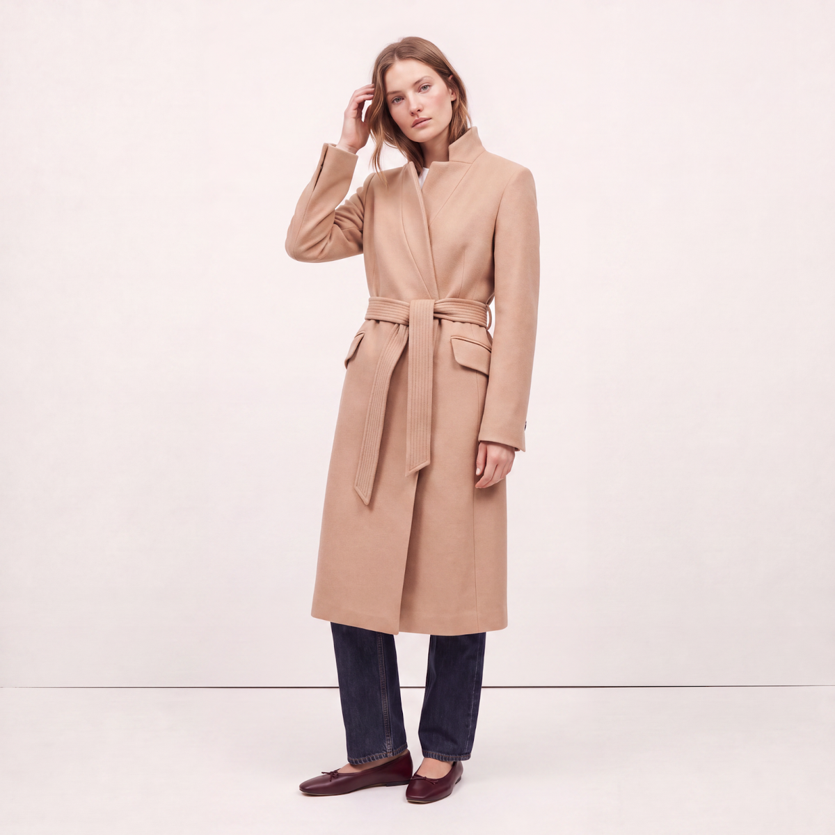 Classic Camel Belted Wool Wrap Coat