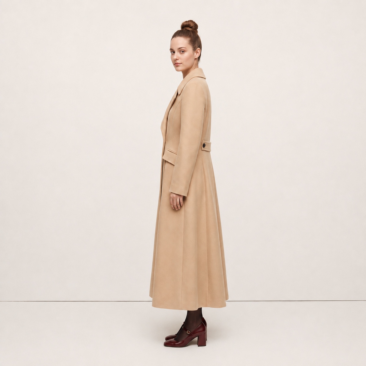 Pleated A-Line Maxi Coat in Luxury Wool Blend