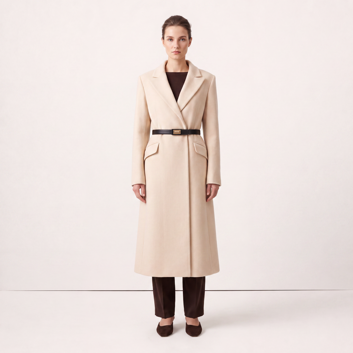 Cream Wool Blend Tailored Coat with Statement Belt