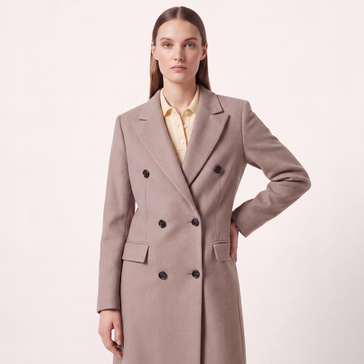 Taupe/Camel Double-Breasted Maxi Wool Blend Coat