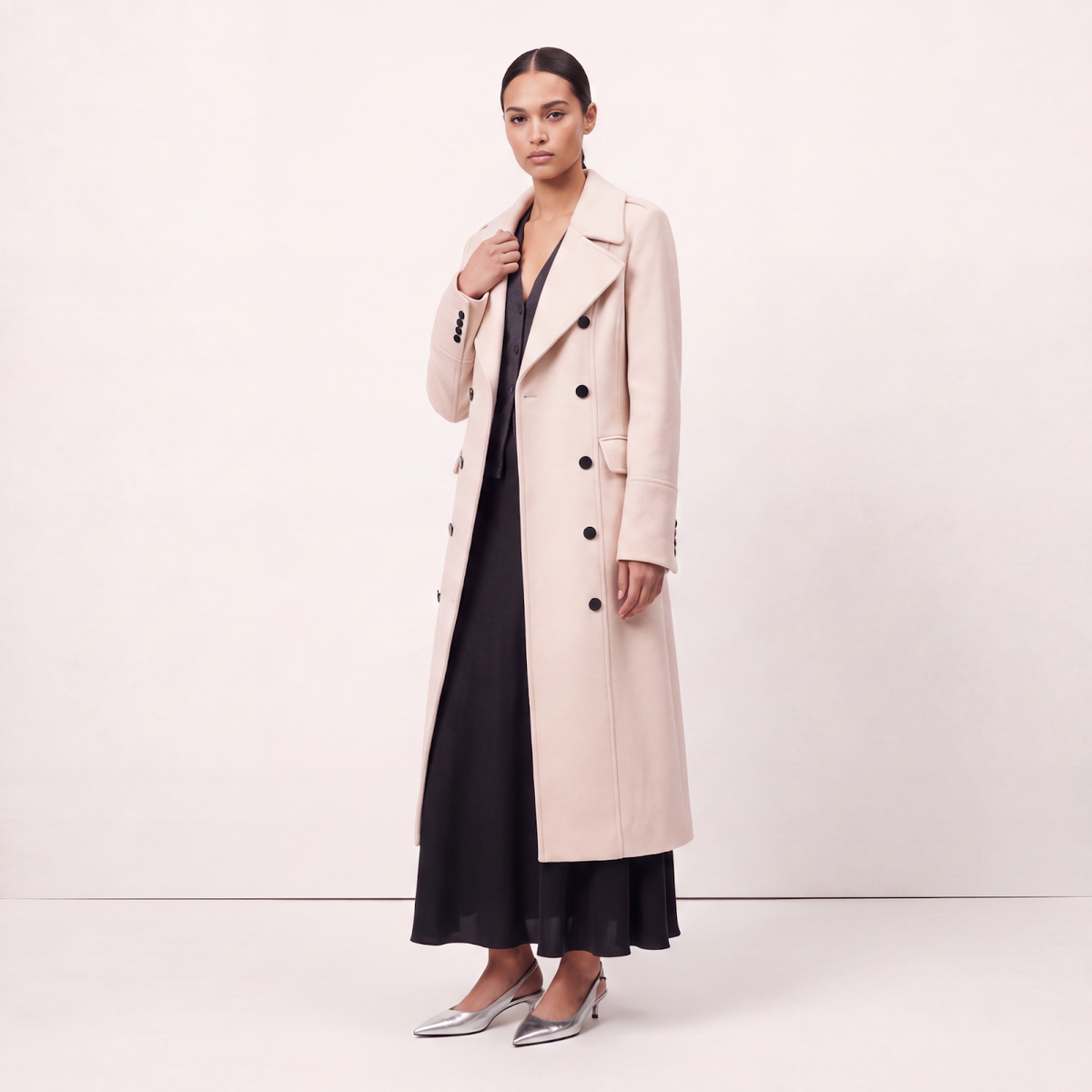 Cream Double-Breasted Longline Wool Coat