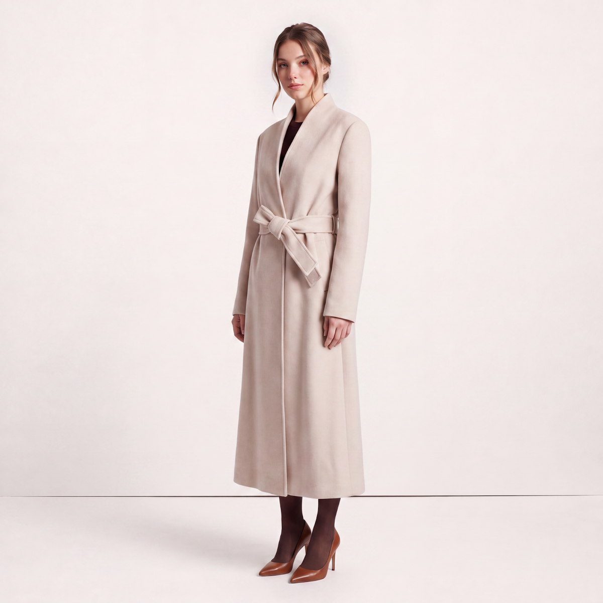 Victoria High-Neck Tailored Wool Coat with Flared Skirt - Oatmeal