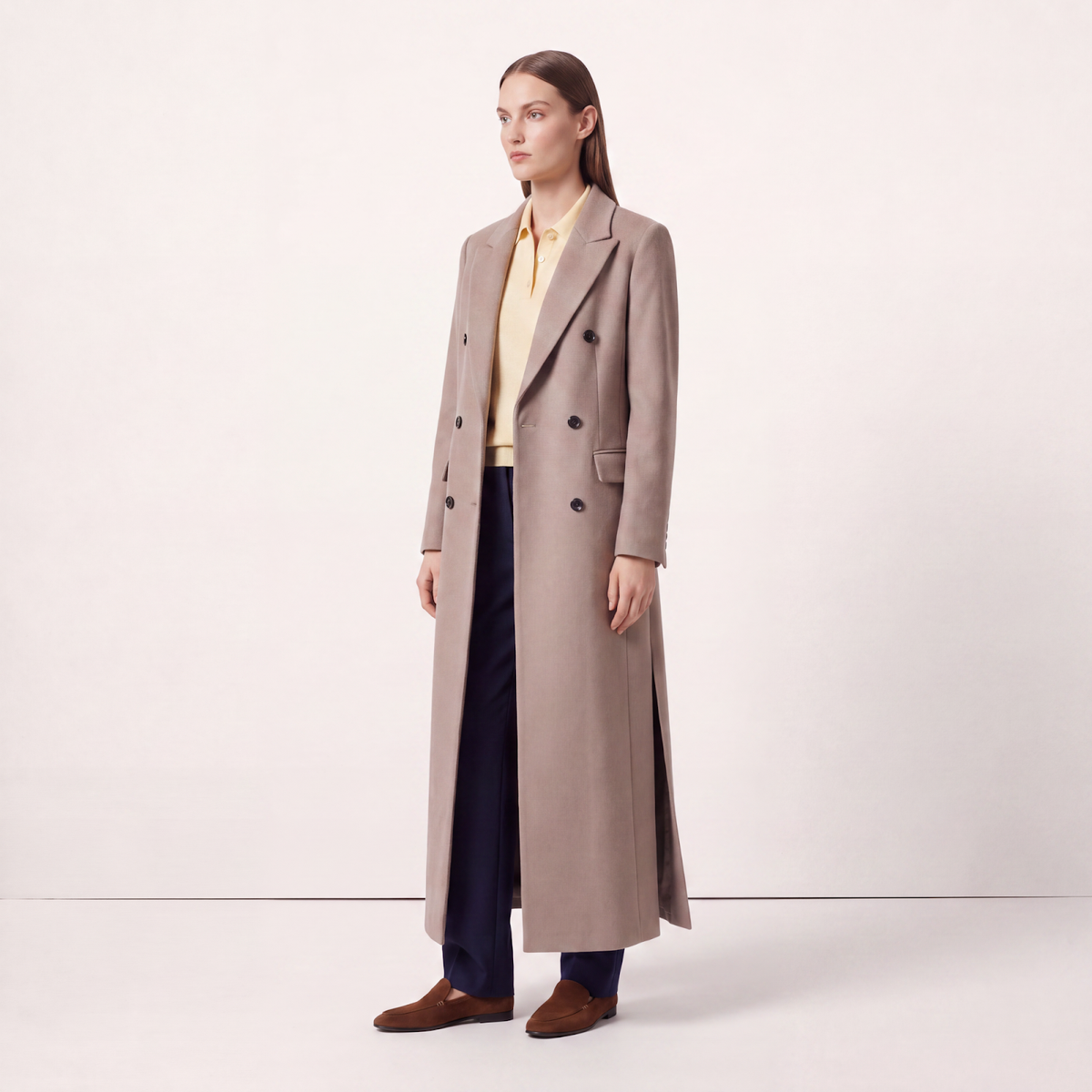 Taupe/Camel Double-Breasted Maxi Wool Blend Coat