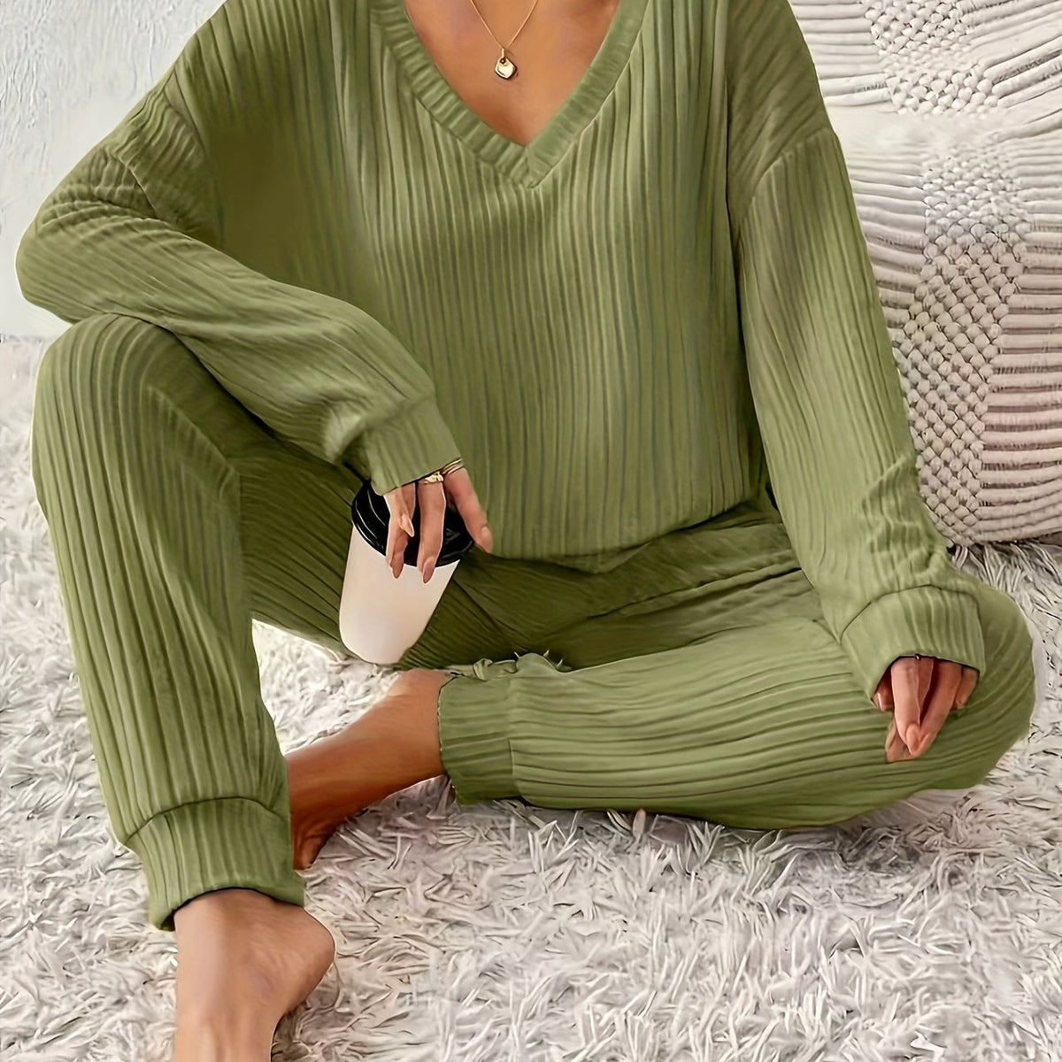 Optew Women's Lounge Set – V-Neck Long-Sleeve Knitted Two Piece