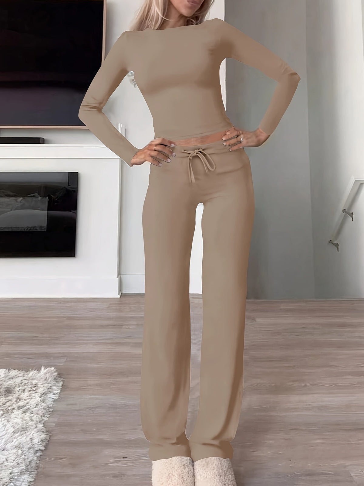 Optew Women's Loungewear Set – Ribbed Long-Sleeve Drawstring Two Piece